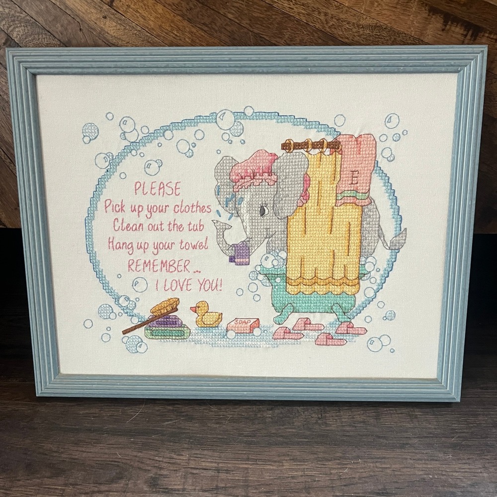 Framed Finished Elephant Bathroom Counted Cross Stitch Design Size 11x14